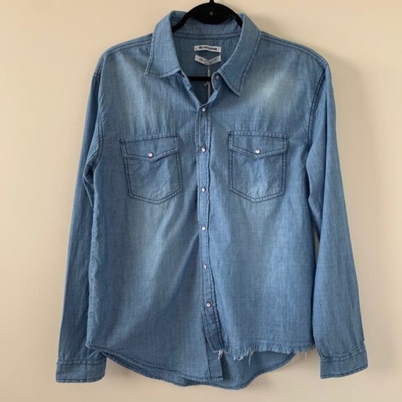 Free People One Teaspoon Chambray Denim Shirt Jean Button Down Frayed Blue XS - Picture 5 of 16